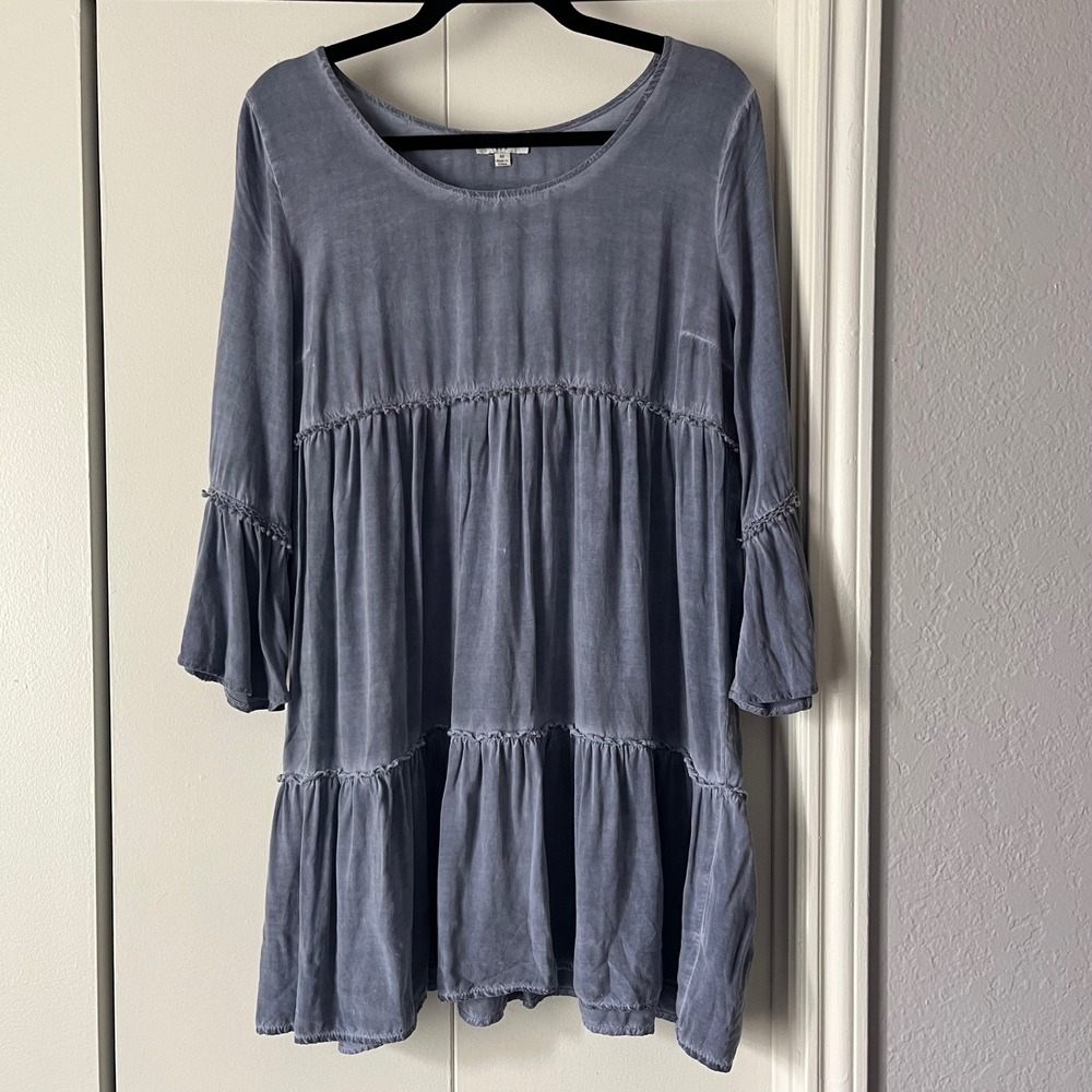 Umgee Tiered Mini Dress Bell Sleeve Casual Blue Dress Size M‎